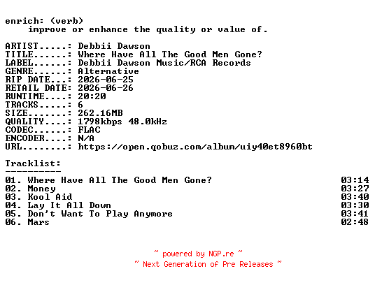 NFO for the release Debbii_Dawson-Where_Have_All_The_Good_Men_Gone-EP-24BIT-WEB-FLAC-2026-ENRiCH by ENRiCH