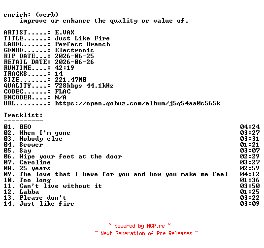 NFO for the release E.VAX-Just_Like_Fire-16BIT-WEB-FLAC-2026-ENRiCH by ENRiCH