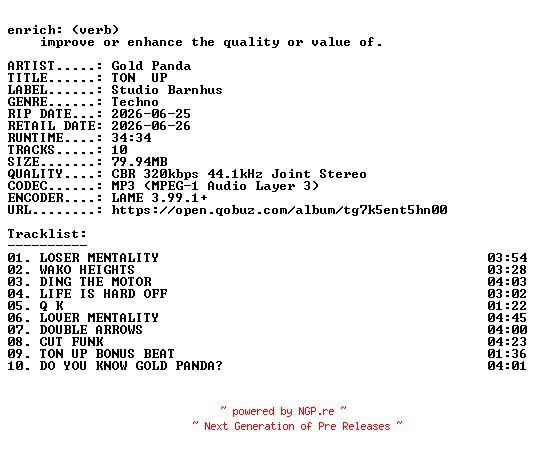 NFO for the release Gold_Panda-TON__UP-WEB-2026-ENRiCH by ENRiCH