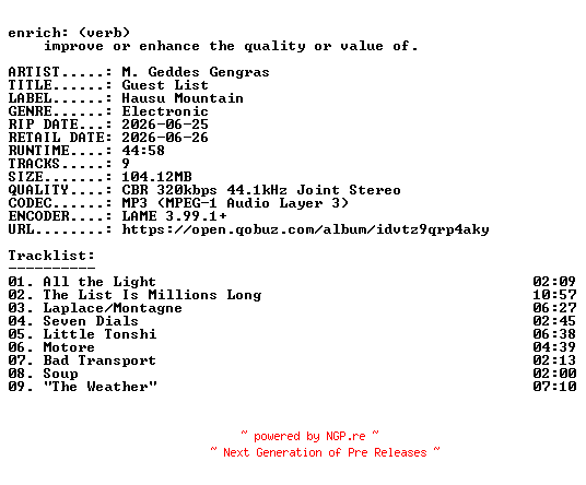 NFO for the release M._Geddes_Gengras-Guest_List-WEB-2026-ENRiCH by ENRiCH