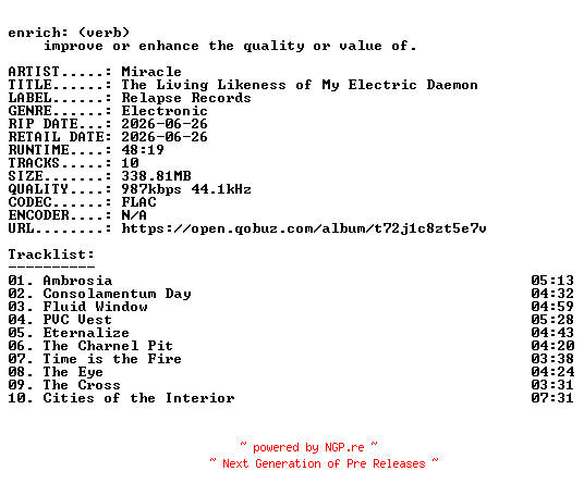 NFO for the release Miracle-The_Living_Likeness_of_My_Electric_Daemon-16BIT-WEB-FLAC-2026-ENRiCH by ENRiCH