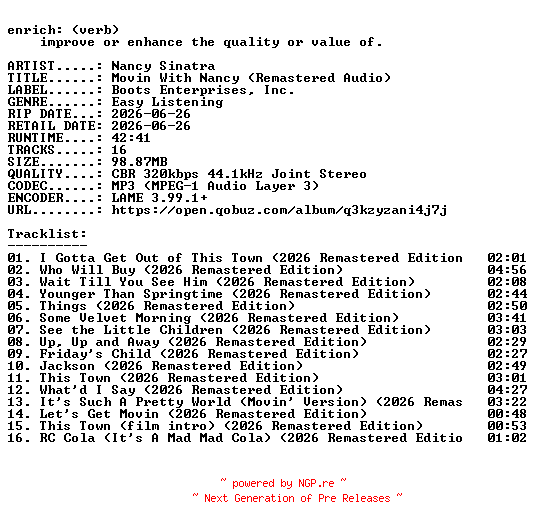 NFO for the release Nancy_Sinatra-Movin_With_Nancy_(Remastered_Audio)-WEB-2026-ENRiCH by ENRiCH