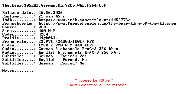 NFO for the release The.Bear.S05E01.German.DL.720p.WEB.h264-WvF by WvF