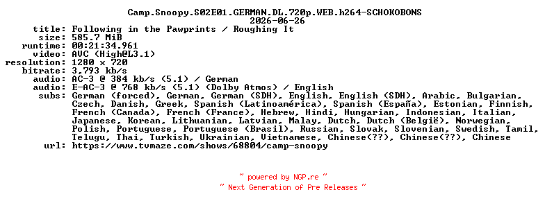 NFO for the release Camp.Snoopy.S02E01.GERMAN.DL.720p.WEB.h264-SCHOKOBONS by SCHOKOBONS