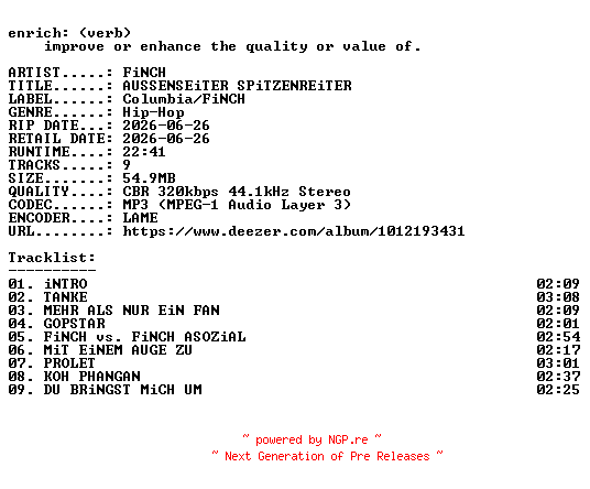 NFO for the release FiNCH-AUSSENSEiTER_SPiTZENREiTER-WEB-DE-2026-ENRiCH by ENRiCH
