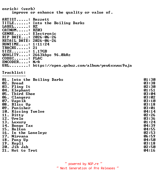 NFO for the release Rezzett-Into_the_Boiling_Darks-(RZ03)-24BIT-WEB-FLAC-2026-ENRiCH by ENRiCH