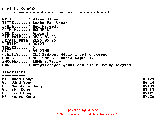 NFO for the release Aliya_Ultan-Looks_Far_Woman-(KOU008LP)-WEB-2026-ENRiCH by ENRiCH