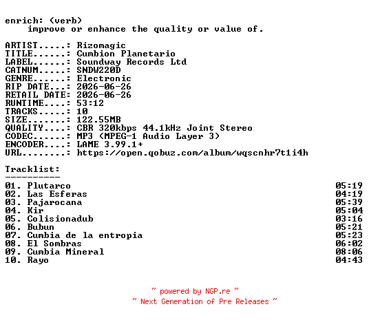NFO for the release Rizomagic-Cumbion_Planetario-(SNDW220D)-WEB-2026-ENRiCH by ENRiCH