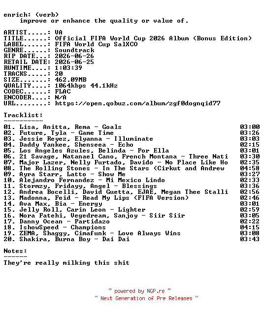NFO for the release VA-Official_FIFA_World_Cup_2026_Album_(Bonus_Edition)-OST-16BIT-WEB-FLAC-2026-ENRiCH by ENRiCH
