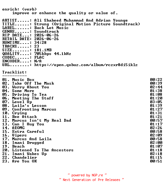 NFO for the release Ali_Shaheed_Muhammad_And_Adrian_Younge-Strung_(Original_Motion_Picture_Soundtrack)-OST-16BIT-WEB-FLAC-2026-ENRiCH by ENRiCH