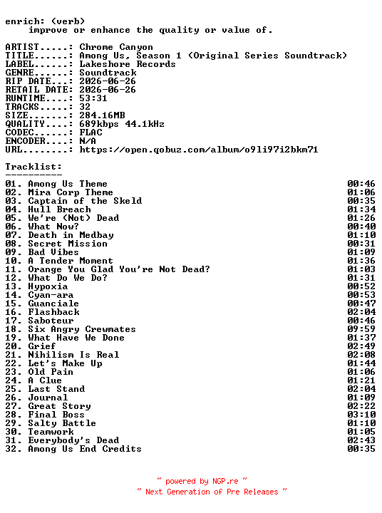 NFO for the release Chrome_Canyon-Among_Us_Season_1_(Original_Series_Soundtrack)-OST-16BIT-WEB-FLAC-2026-ENRiCH by ENRiCH