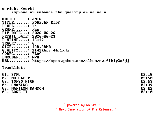 NFO for the release JMIN-FOREVER_KIDS-EP-16BIT-WEB-FLAC-2026-ENRiCH by ENRiCH