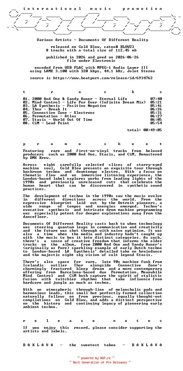 NFO for the release VA-Documents_Of_Different_Reality-(BLOW23)-WEB-2026-BAKLAVA by BAKLAVA