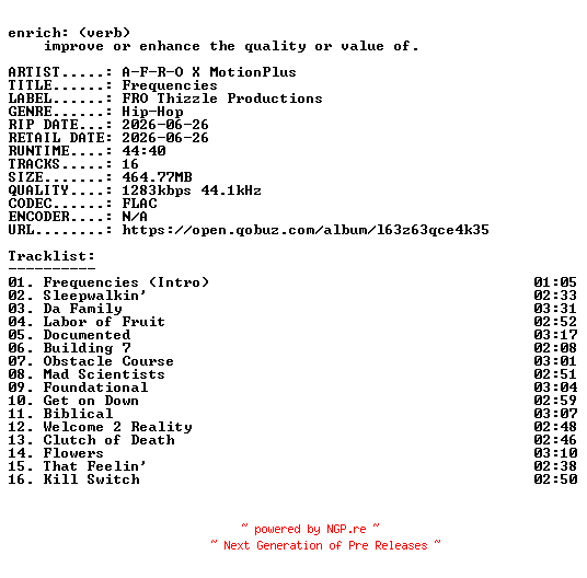 NFO for the release A-F-R-O_X_MotionPlus-Frequencies-24BIT-WEB-FLAC-2026-ENRiCH by ENRiCH