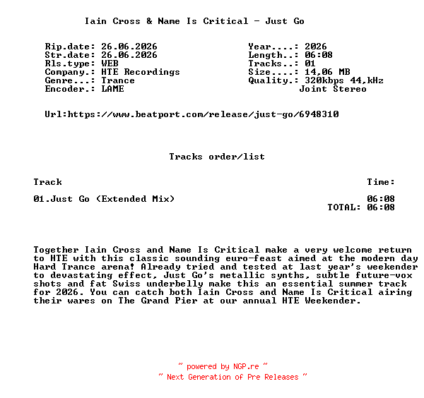 NFO for the release Iain_Cross_And_Name_is_Critical_-_Just_Go-(HTE366)-SINGLE-WEB-2026-FMC by FMC
