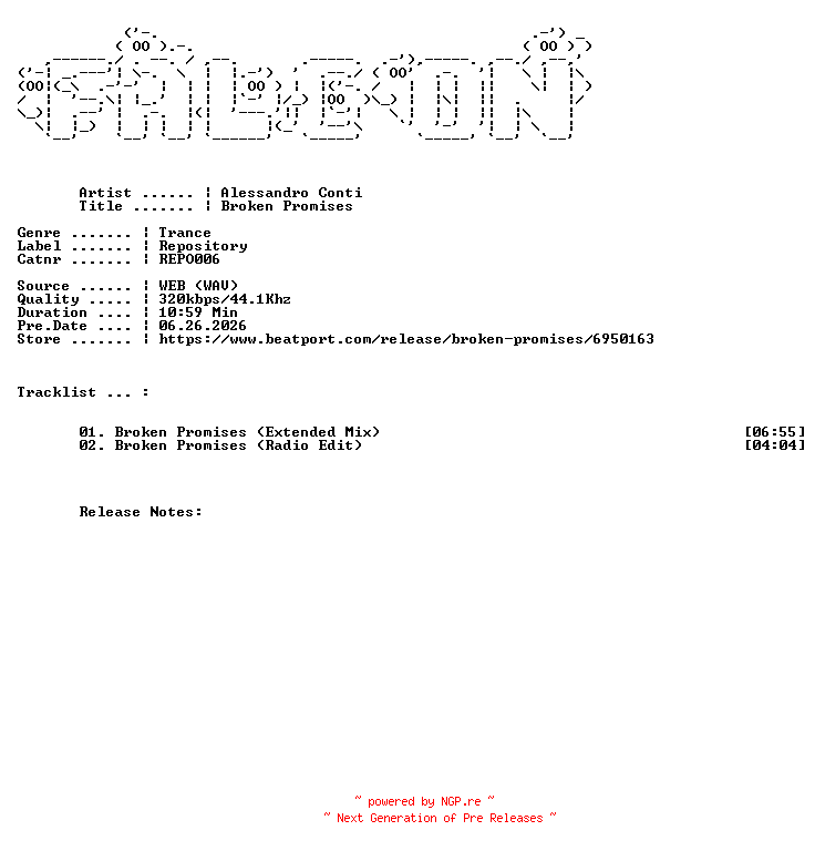 NFO for the release Alessandro_Conti-Broken_Promises-(REPO006)-WEB-2026-FALCON by FALCON