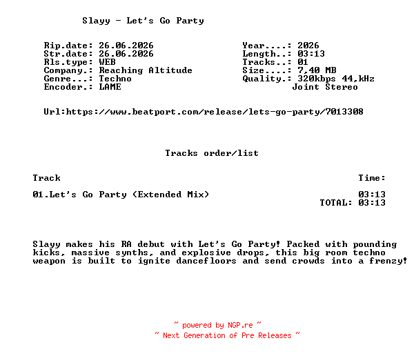 NFO for the release Slayy_-_Lets_Go_Party-(RA417)-SINGLE-WEB-2026-FMC by FMC