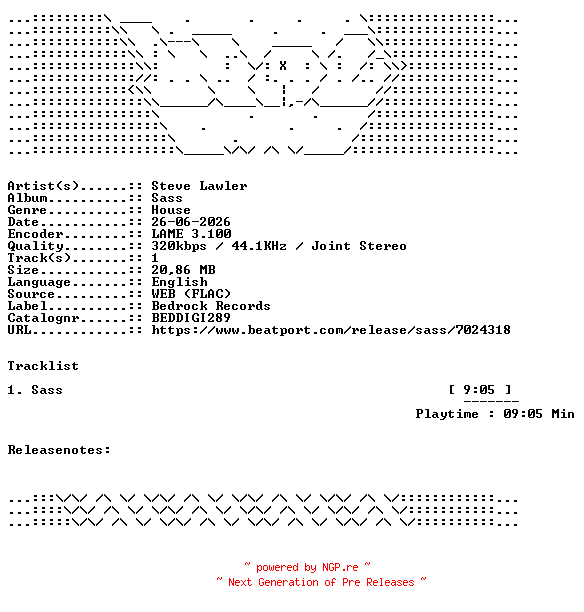 NFO for the release Steve_Lawler-Sass-BEDDIGI289-SINGLE-WEB-2026-WAV by WAV