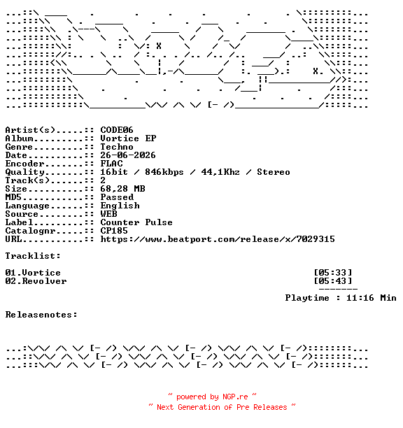 NFO for the release CODE06-Vortice_EP-CP185-16BIT-WEB-FLAC-2026-WAVED by WAVED