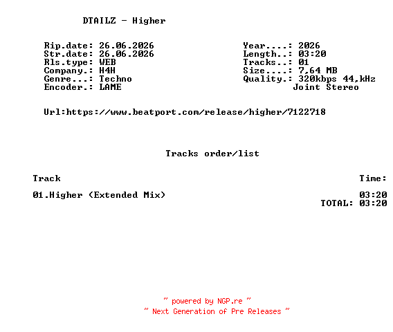 NFO for the release DTAILZ_-_Higher-(H4HR055E)-SINGLE-WEB-2026-FMC by FMC