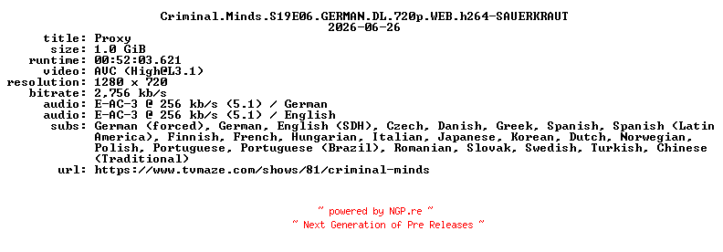 NFO for the release Criminal.Minds.S19E06.GERMAN.DL.720p.WEB.h264-SAUERKRAUT by SAUERKRAUT