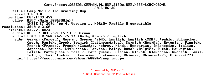 NFO for the release Camp.Snoopy.S02E03.GERMAN.DL.HDR.2160p.WEB.h265-SCHOKOBONS by SCHOKOBONS