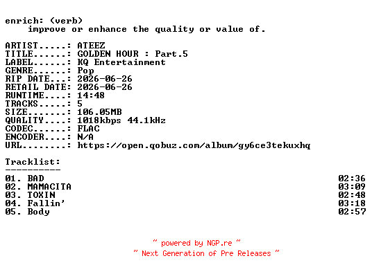 NFO for the release ATEEZ-GOLDEN_HOUR__Part.5-KR-EP-16BIT-WEB-FLAC-2026-ENRiCH by ENRiCH