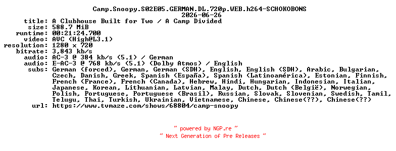 NFO for the release Camp.Snoopy.S02E05.GERMAN.DL.720p.WEB.h264-SCHOKOBONS by SCHOKOBONS