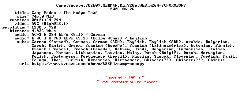NFO for the release Camp.Snoopy.S02E07.GERMAN.DL.720p.WEB.h264-SCHOKOBONS by SCHOKOBONS