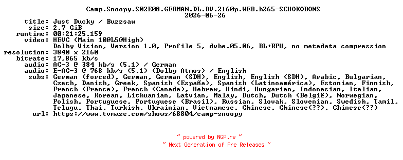 NFO for the release Camp.Snoopy.S02E08.GERMAN.DL.DV.2160p.WEB.h265-SCHOKOBONS by SCHOKOBONS