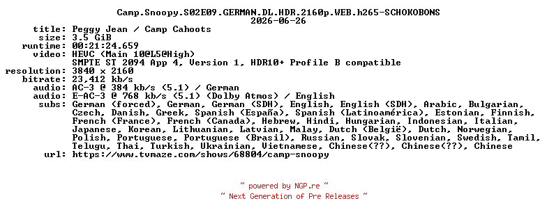 NFO for the release Camp.Snoopy.S02E09.GERMAN.DL.HDR.2160p.WEB.h265-SCHOKOBONS by SCHOKOBONS
