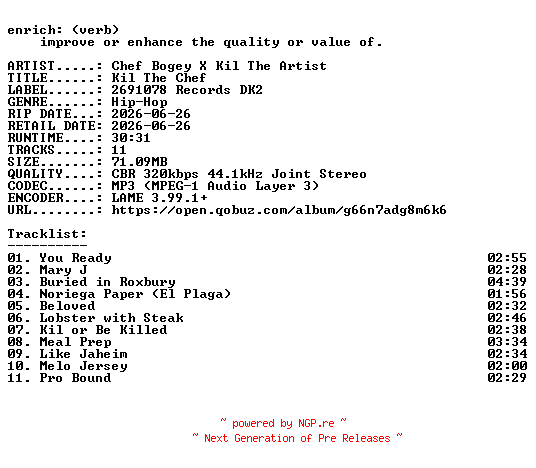 NFO for the release Chef_Bogey_X_Kil_The_Artist-Kil_The_Chef-WEB-2026-ENRiCH by ENRiCH
