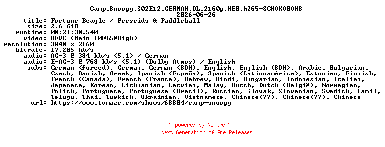 NFO for the release Camp.Snoopy.S02E12.GERMAN.DL.2160p.WEB.h265-SCHOKOBONS by SCHOKOBONS