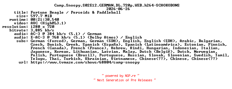 NFO for the release Camp.Snoopy.S02E12.GERMAN.DL.720p.WEB.h264-SCHOKOBONS by SCHOKOBONS