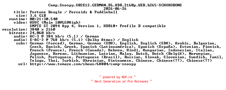 NFO for the release Camp.Snoopy.S02E12.GERMAN.DL.HDR.2160p.WEB.h265-SCHOKOBONS by SCHOKOBONS