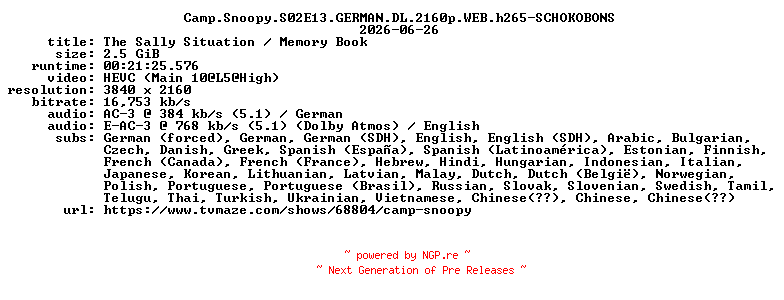 NFO for the release Camp.Snoopy.S02E13.GERMAN.DL.2160p.WEB.h265-SCHOKOBONS by SCHOKOBONS