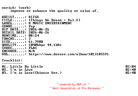 NFO for the release HITGS-(Things_We_Dream__Vol.2)-KR-SINGLE-16BIT-WEB-FLAC-2026-ENRiCH by ENRiCH