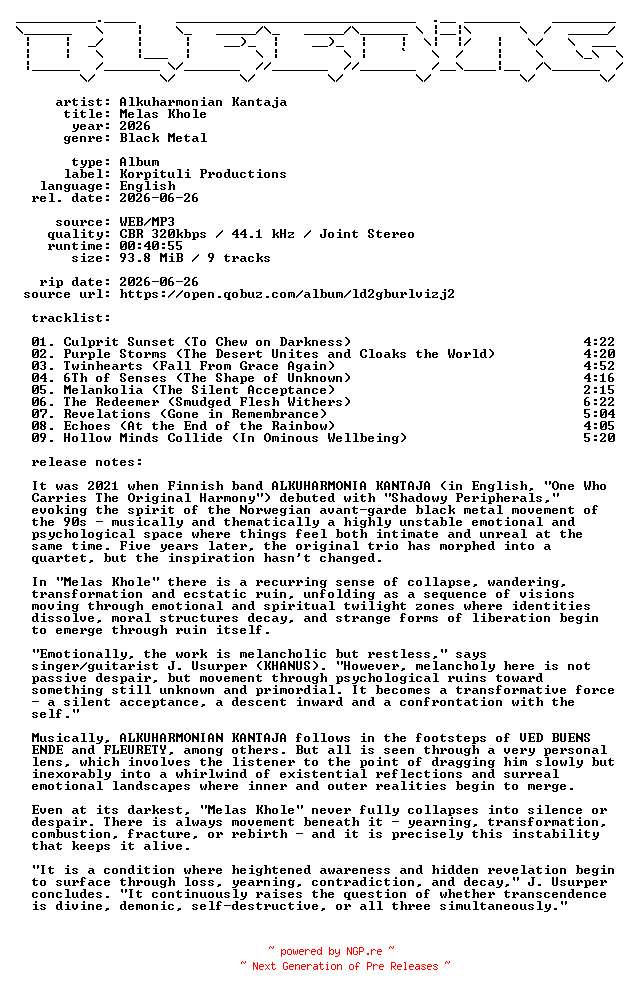 NFO for the release Alkuharmonian_Kantaja-Melas_Khole-WEB-2026-BLEEDiNG by BLEEDiNG