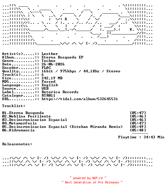 NFO for the release Lezther-Eterna_Busqueda_EP-RTR011-16BIT-WEB-FLAC-2026-WAVED by WAVED