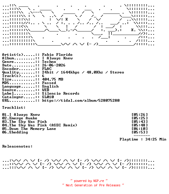 NFO for the release Fabio_Florido-I_Always_Knew-SL010-24BIT-WEB-FLAC-2026-WAVED by WAVED
