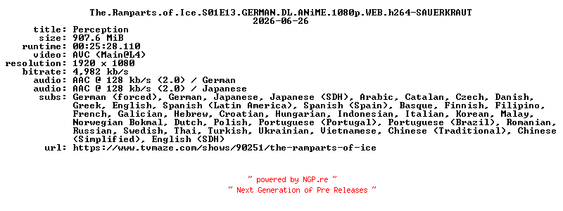 NFO for the release The.Ramparts.of.Ice.S01E13.GERMAN.DL.ANiME.1080p.WEB.h264-SAUERKRAUT by SAUERKRAUT