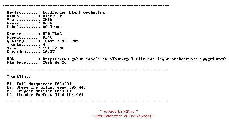 NFO for the release Luciferian_Light_Orchestra-Black_EP-EP-16BIT-WEB-FLAC-2016-LLC by LLC