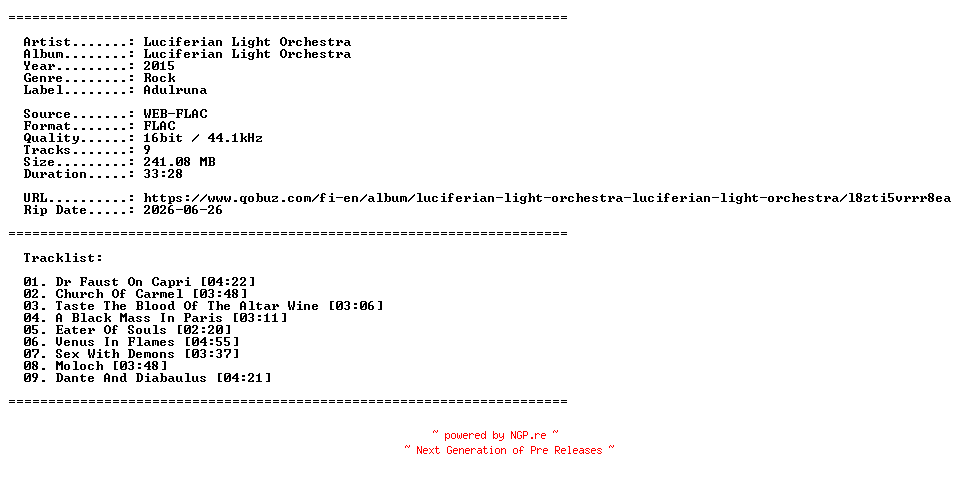 NFO for the release Luciferian_Light_Orchestra-Luciferian_Light_Orchestra-16BIT-WEB-FLAC-2015-LLC by LLC