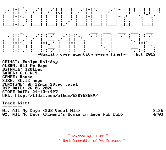 NFO for the release Evelyn_Holiday-All_My_Days-(GONY75)-WEB-1997-BB by BB