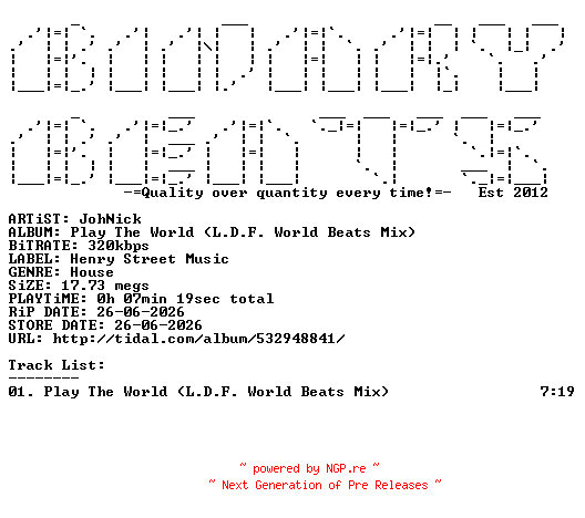 NFO for the release JohNick-Play_The_World_(L.D.F._World_Beats_Mix)-(HS-957)-SINGLE-WEB-2026-BB by BB