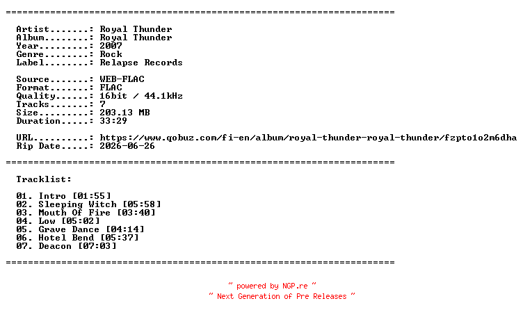 NFO for the release Royal_Thunder-Royal_Thunder-16BIT-WEB-FLAC-2007-LLC by LLC