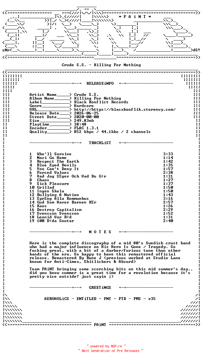 NFO for the release Crude_S.S.-Killing_For_Nothing-REISSUE-CD-FLAC-2020-FAiNT by FAiNT
