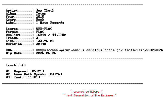 NFO for the release Jex_Thoth-Totem-EP-16BIT-WEB-FLAC-2015-LLC by LLC