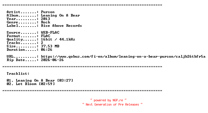 NFO for the release Purson-Leaning_On_A_Bear-EP-16BIT-WEB-FLAC-2013-LLC by LLC
