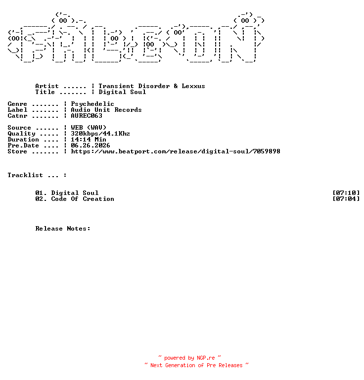 NFO for the release Transient_Disorder_And_Lexxus-Digital_Soul-(AUREC063)-WEB-2026-FALCON by FALCON